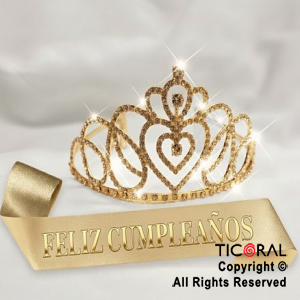 SET VINCHA Y BANDA FELIZ CUMPLEA�OS STRASS CORAZON ORO (10548S) X 1